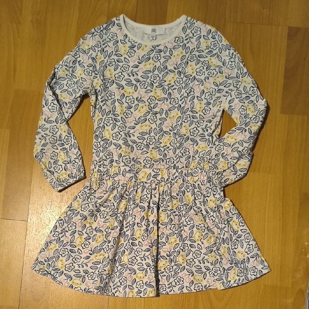 Leaf Patterned Kids Dress - White, Yellow, and Blue